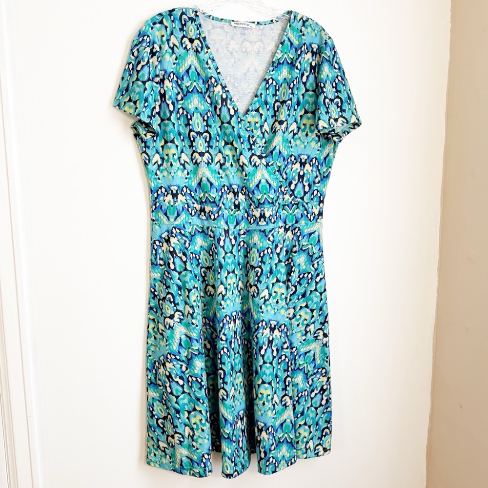 Micros Aqua and Navy Patterned Midi Dress
